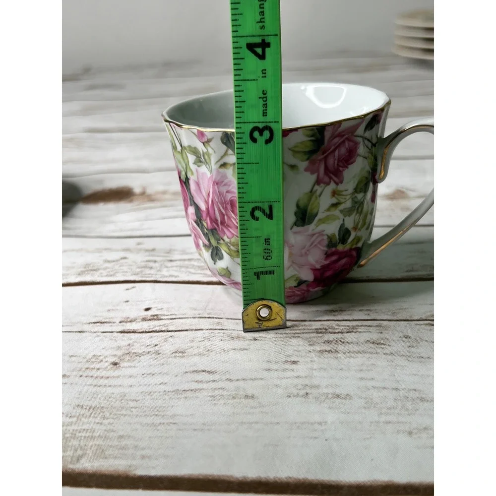 Victoria's Garden Teacup Saucer Set Pink Rose‎ Floral Gold Trim Porcelain White